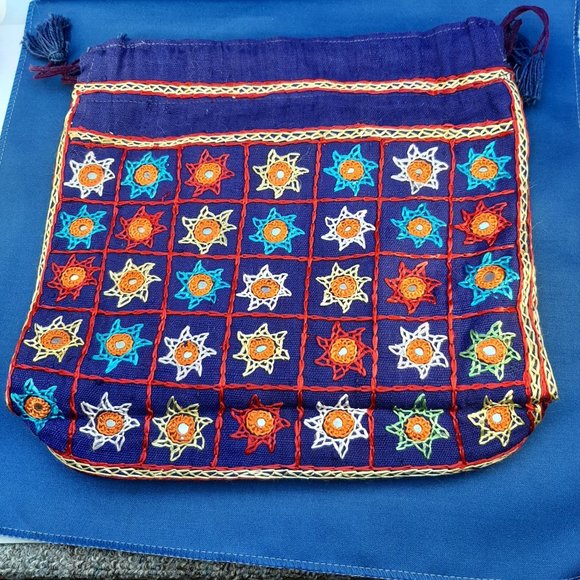 Embroidered Drawstring Bag Tassels Boho Mirror Work Sewing Market Colorful EUC - Picture 2 of 8